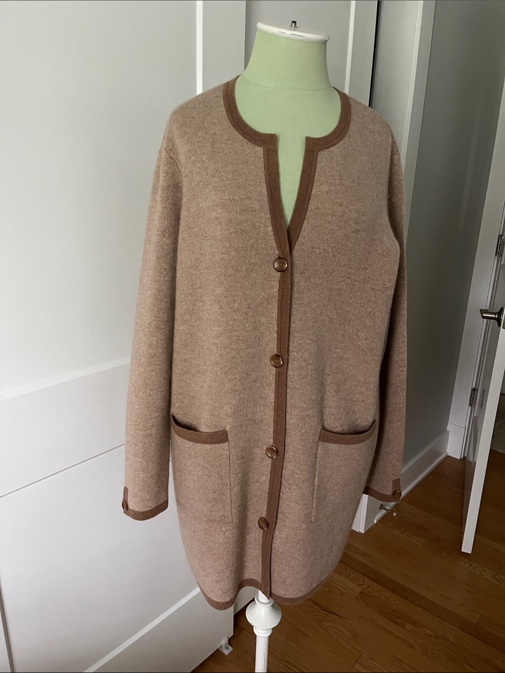 J. McLaughlin Beige Cardigan with Brown Trim